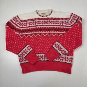 Vintage Campus Sweater Mens Large Red White Fair Isle Made in USA Crewneck‎
